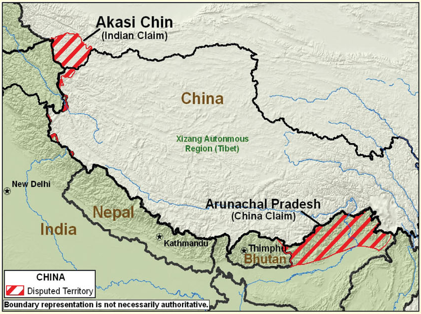 Mapa: Sporné územia na hraniciach Číny a Indie