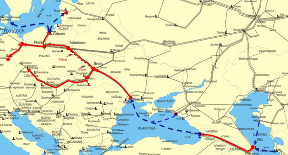 Potenciální trasa ropy z Kaspiku do střední Evropy (zdroj: Sarmatia Sp. Z o.o.)