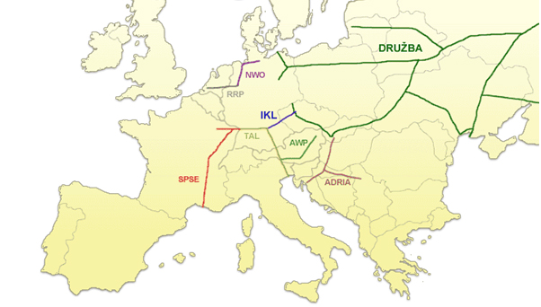 Zjednodušená mapa evropské ropovodní sítě (zdroj: MERO ČR, a. s.)